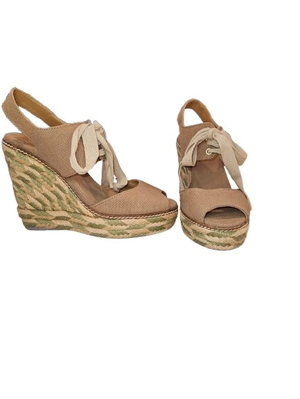 Tory Burch Linley Wedge Espadrille Sandals Brown Canvas Ankle Tie Size 7